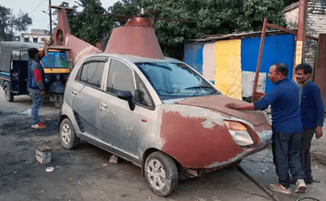 Mechanic cum innovator, Guddu Sharma, a resident of Bagaha, Bihar, has converted his Tata Nano car into a non-flying helicopter. He wants to rent it out for weddings for Rs. 15,000.