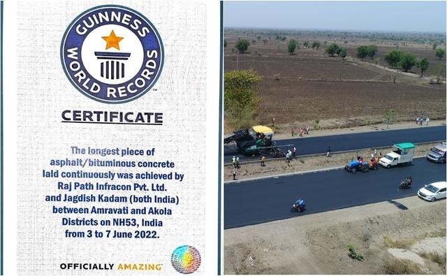 National Highways Authority of India's consultants and concessionaire, Rajpath Infracon and Jagdish Kadam have entered the Guinness World Records for constructing 75 km of continuous bituminous concrete in a single lane on NH-53.