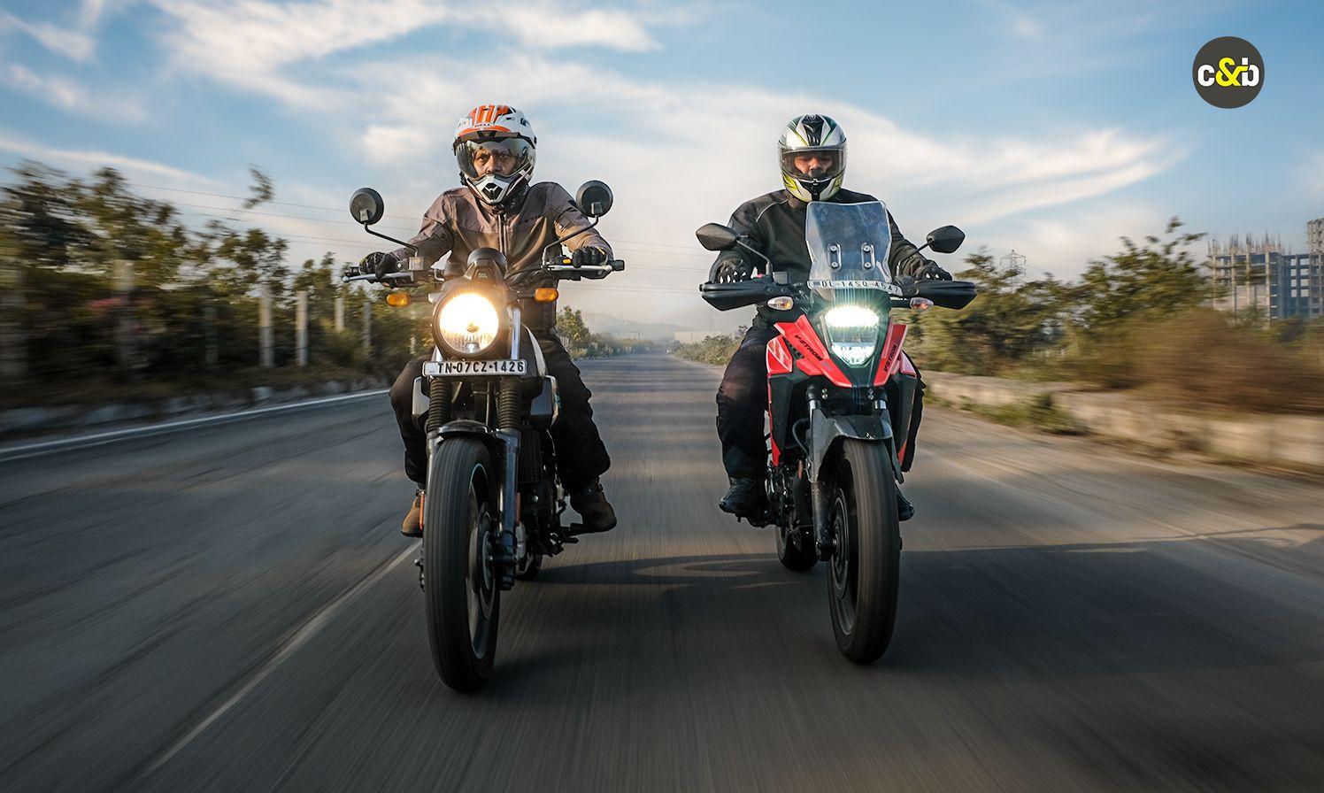 Two different bikes, one a retro-styled scrambler and the other, an entry-level adventure tourer. The Suzuki V-Strom SX takes on the Royal Enfield Scram 411 in this road and trail comparison!