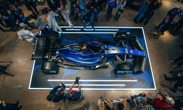 Williams’ 2024 FW46 challenger retains the dark and navy blue colours on the new livery, along with naked carbon fibre on the lower part of the car.