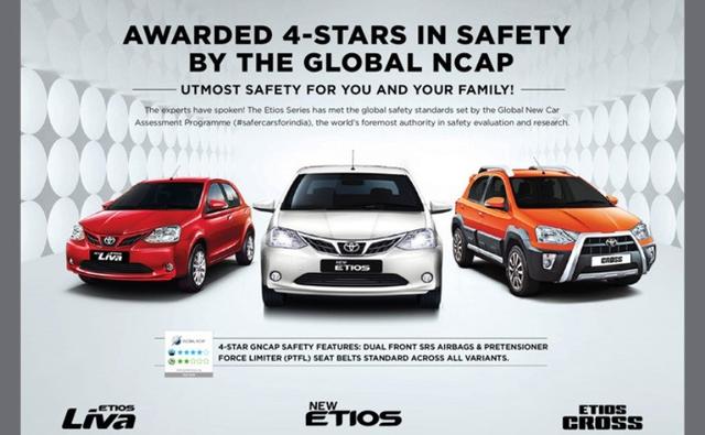 The Toyota Etios hatchback has achieved a 4-star frontal adult passenger safety rating in the Global NCAP crash test.