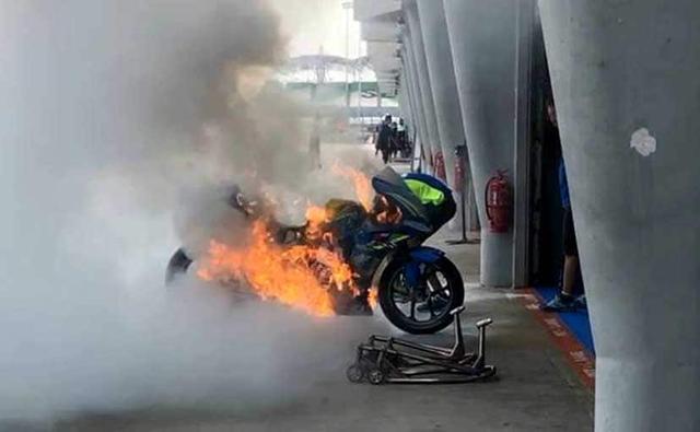In a mishap, the Suzuki GSX-RR MotoGP machine belonging to Alex Rins was destroyed in a pit lane fire ahead of this weekend's Malaysian Grand Prix. The incident occurred at the Sepang International Circuit when the mechanics were warming the bike in the Suzuki Ecstar pits this  afternoon. The bike caught fire after the fuel overflow pipe accidentally sprayed fuel onto the hot exhaust when the team was doing their customary post-built start-up earlier today. Fortunately, no one was injured in the incident, but the bike was severely damaged in the fire.