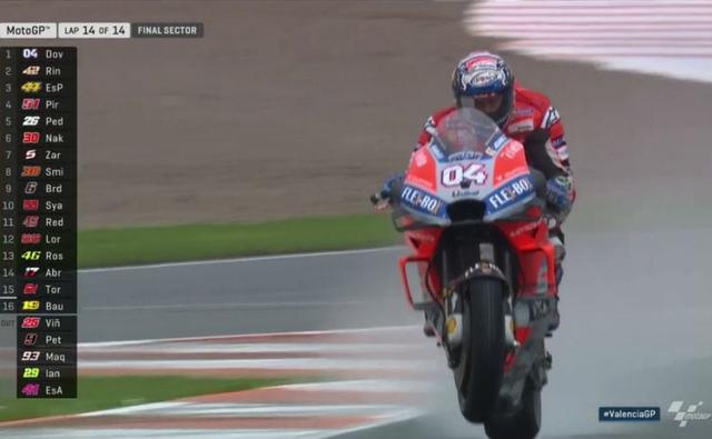 A smashing and crash ridden finale to the 2018 MotoGP season, Ducati's Andrea Dovizioso won the Valencia Grand Prix turning out to be one of the few riders to actually complete the very wet race. The rain drenched track made for a spectacle at the Circuit Ricardo Tormo in Valencia, as the top riders were pulled out of contention after back-to-back crashes. The race was even stopped at half-point bringing with the red flag out, only to be started again for a 14 lap stint. Dovizioso ended the season just like he started it - with a win. However, the race was a game changed for KTM, which saw rider Pol Espargaro take his and the team's first ever podium in the sport. Suzuki's Alex Rins took his fifth podium of the season, finishing behind Dovizioso.