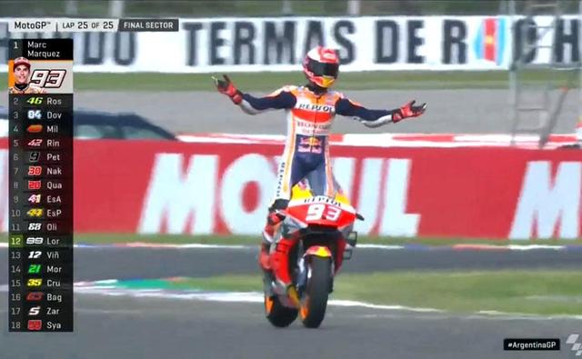 After putting a spectacular fight in the first race of the season last month, Honda's Marc Marquez took a dominant win in the 2019 MotoGP Argentina Grand Prix. The rider completed the race with a massive lead of 9.816s over the rest of the pack, having led the race right from pole position. Coming in second was Yamaha's Valentino Rossi, going strong even as newer and younger riders take space on the grid. The Italian managed to pass Ducati's Andrea Dovizioso take P2, with each rider of the top three teams making it on the podium.