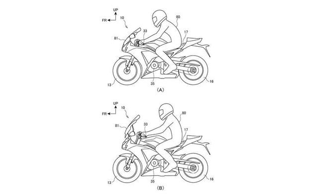 Patent images filed by Honda show a new technology which offers rider the option of changing the ergonomics of a sportbike to a more comfortable upright riding position.