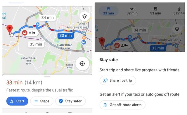 The latest update for Google Maps for Android devices offers a new 'Stay Safer' feature which can be used to share your live trip status with family & friends and also sends an alert should a cab go off route.