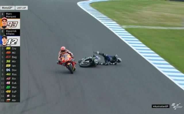 Honda's Marc Marquez secured his fifth consecutive victory of the season in the Australia Grand Prix after Yamaha rider Maverick Vinales crashed on the final lap in the lead. The reigning world champion had a slow start along with Vinales on the Philip Island circuit, while Yamaha's Valentino Rossi secured the lead in what was his 400th GP start. It was an interesting top order this time with Rossi followed by LCR Honda's Cal Crutchlow and Aprilia rider Andrea Iannone at P3. With Vinales crashing on the last lap, Crutchlow was promoted to P2, while Pramac Ducati's Jack Miller took the final spot on the podium.