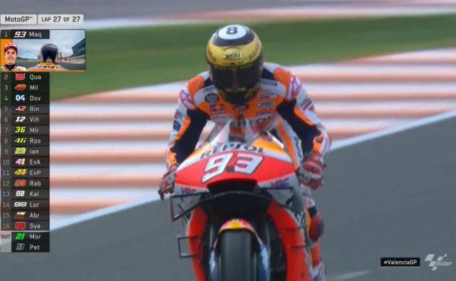 Marc Marquez bagged his 12th win of the 2019 MotoGP season with the Valencia Grand Prix, collecting a total of 420 points, the highest by any rider in a single season. The win also helped team Repsol Honda secure the 2019 MotoGP Constructors' title. Following Marquez was pole-sitter Fabio Quartararo who finished second on the podium, followed by Jack Miller of Pramac Ducati taking the final spot. The podium finish also helped Quartararo take fifth place in overall standings ahead of Danilo Petrucci of Ducati with a total 192 points, behind factory riders Andrea Dovizioso of Ducati, Maverick Vinales of Yamaha and Alex Rins of Suzuki.