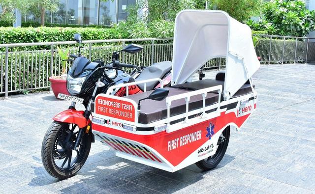 The first responder motorcycles have been equipped with a full stretcher with a foldable hood mounted on the side, essential medical equipment and siren.