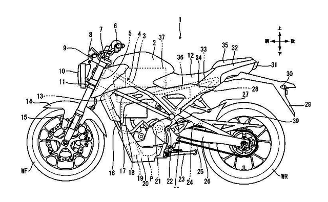Honda's latest patent filings show a retro-styled electric motorcycle which seems to borrow cycle parts from the Honda CB125R sold in Europe.