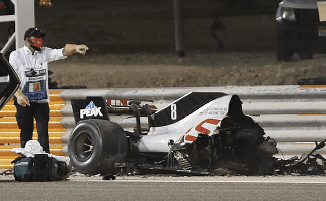 The Haas driver's car erupted into flames as it hit the tyre barrier.