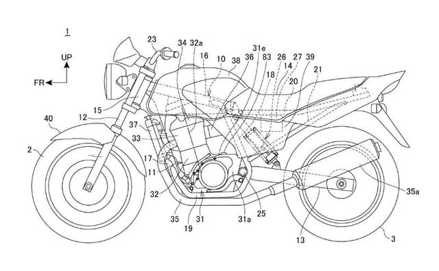 Patent filings by Honda reveal what seems to be a new Honda CB250 with a mono-shock suspension.