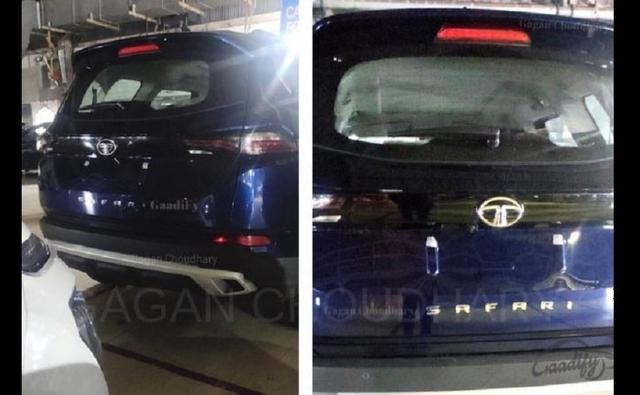 New images of the upcoming Tata Safari have surfaced online, and we get to see the SUV in a new dark blue colour with Safari badging on the tail lid.