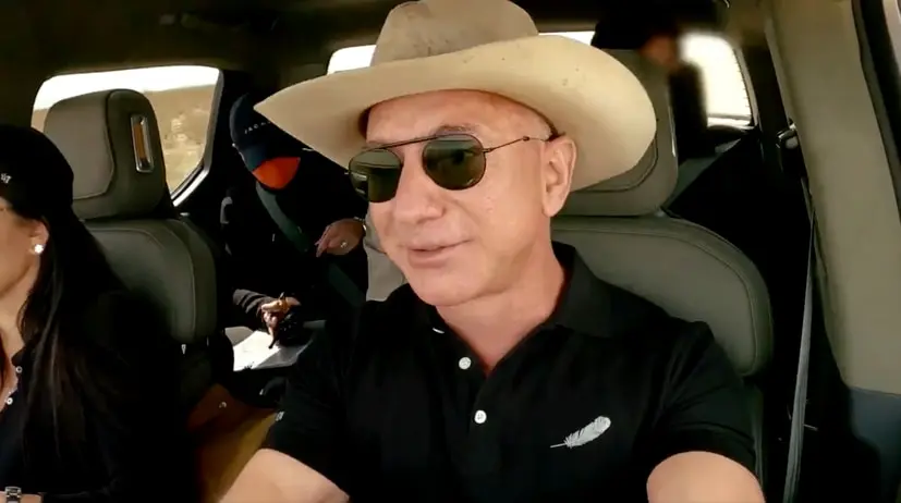 Jeff Bezos Spotted Driving Rivian R1T In Blue Origin New Shepard Video 
