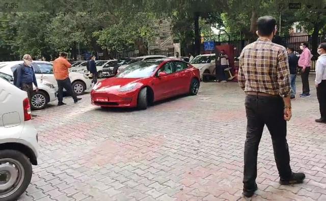 The Tesla Model 3 was seen with a company official taking the MoRTH secretary for a short test drive post a meeting in the national capital.