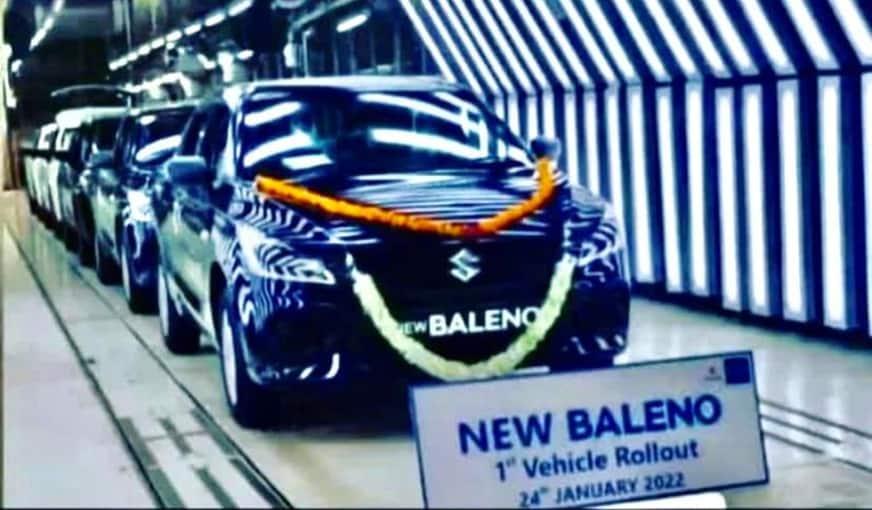 The first 2022 Maruti Suzuki Baleno being rolled out of the assembly line at Suzuki Motor Gujarat plant