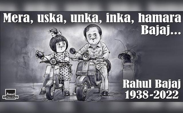The doodle ad shows a caricature of Rahul Bajaj on his company's most iconic product, the Bajaj Chetak scooter, with Amul's mascot, the Butter Girl, besides him on another scooter.