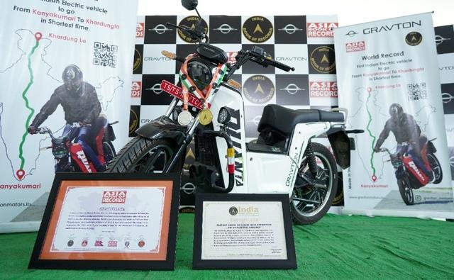 The Gravton Quanta electric bike completed the run from Kanyakumari to Khardung La in a record time of 164 hours and 30 minutes or 6.5 days, covering a distance of 4,011.9 km without any stops to charge the vehicle.