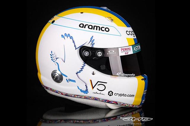 Aston Martin's Sebastian Vettel has unveiled a new helmet that says "No War" at the second pre-season test in Bahrain. The helmet has the blue and yellow colours of the Ukrainian flag.