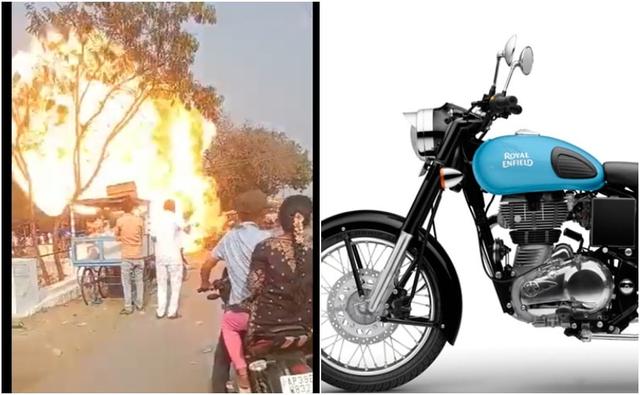 The video shows the fuel tank exploding of the Royal Enfield motorcycle, which appears to be a Classic 350. The reason for the fire is yet to be ascertained.