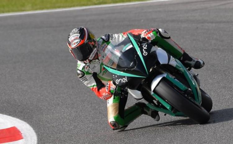 Six time world champion Max Biaggi piloted the Energica Ego Corsa electric superbike around the Mugello circuit on race day of the Italian Grand Prix.