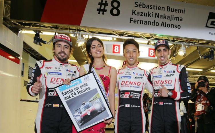 It will be a front row lockout for Toyota at the 2018 24 Hours of Le Mans tomorrow. The No. 8 Toyota with drivers Kazuki Nakajima, Sebastien Buemi and Fernando Alonso behind the wheel, will start the race from the pole position on Saturday. Nakajima put up a brilliant initial qualifying time of 3m17.270s during the Wednesday's first session but managed to improve on the same by a brilliant two seconds with his first flying lap in the final part of qualifying on Thursday. This will be Toyota's fourth pole at Le Mans, and the first for Nakajima, Buemi and Alonso.