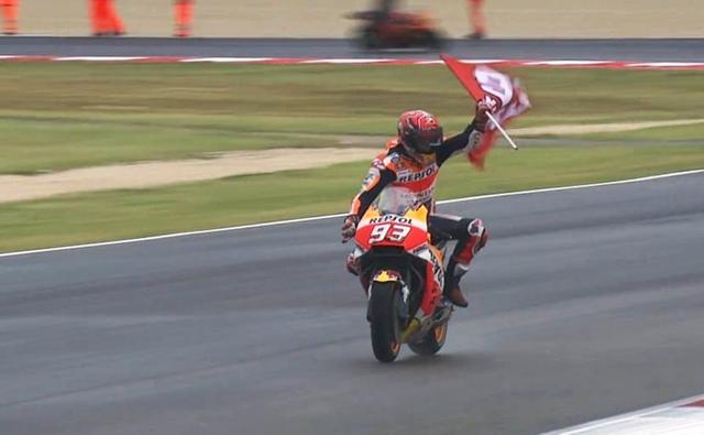 Marc Marquez secured a hard fought win against Pramac Ducati's Danilo Petrucci in San Marino Grand Prix at Misano, securing his fourth MotoGP win this season. The Repsol Honda rider tackled the wet track with ease as he battled for the top spot against Petrucci as well as Ducati Andrea Dovizioso, who took up the last place on the podium.