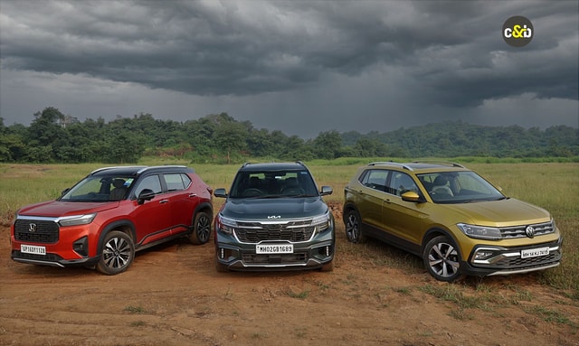 Honda Elevate vs Kia Seltos vs Volkswagen Taigun: One Segment, Different Approaches Honda Elevate vs Kia Seltos vs Volkswagen Taigun: One Segment, Different Approaches