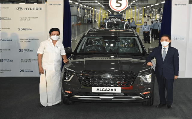 The Hyundai Alcazar is the 10 millionth car to roll out of the production line at HMIL's plant in presence of M K Stalin- Chief Minister of Tamil Nadu who also signed on the car's hood to mark the occasion.