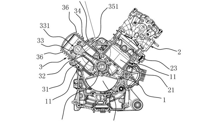 The patent filings reveal a single-cylinder engine shaped like a v-twin with a second dummy cylinder that acts as a counterbalancer.