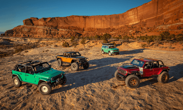 The four concepts include the Jeep Low Down, Willys Dispatcher, Gladiator Rubicon High Top and Vacationeer concepts
