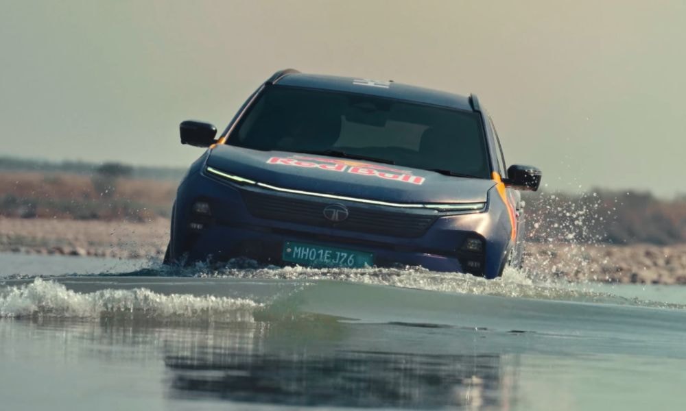 Tata Harrier EV Fords Beas River In Red Bull Extreme Stunt Tata Harrier EV Fords Beas River In Red Bull Extreme Stunt