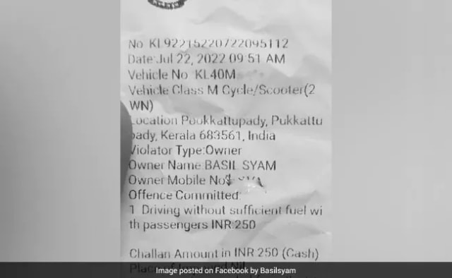 Kerala Man Fined For “Riding Without Sufficient Fuel” Kerala Man Fined For “Riding Without Sufficient Fuel”