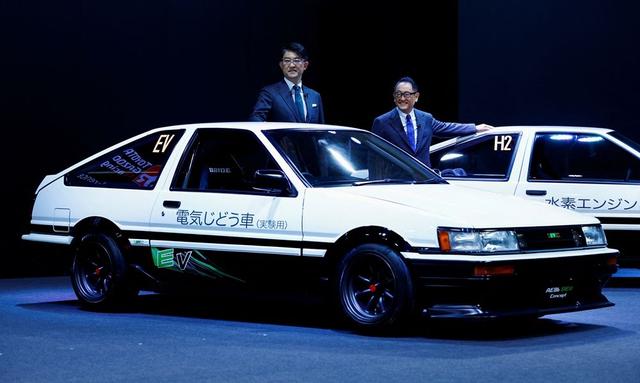 At an industry event for customised cars in Chiba, east of Tokyo, the Japanese automaker unveiled two cars of the AE86 generation, one modified as a battery-electric vehicle and the other as a hydrogen-engine model.